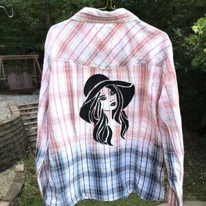 Bleached Shirt, Junior Size Medium: Upcycled Hand Painted Plaid Top